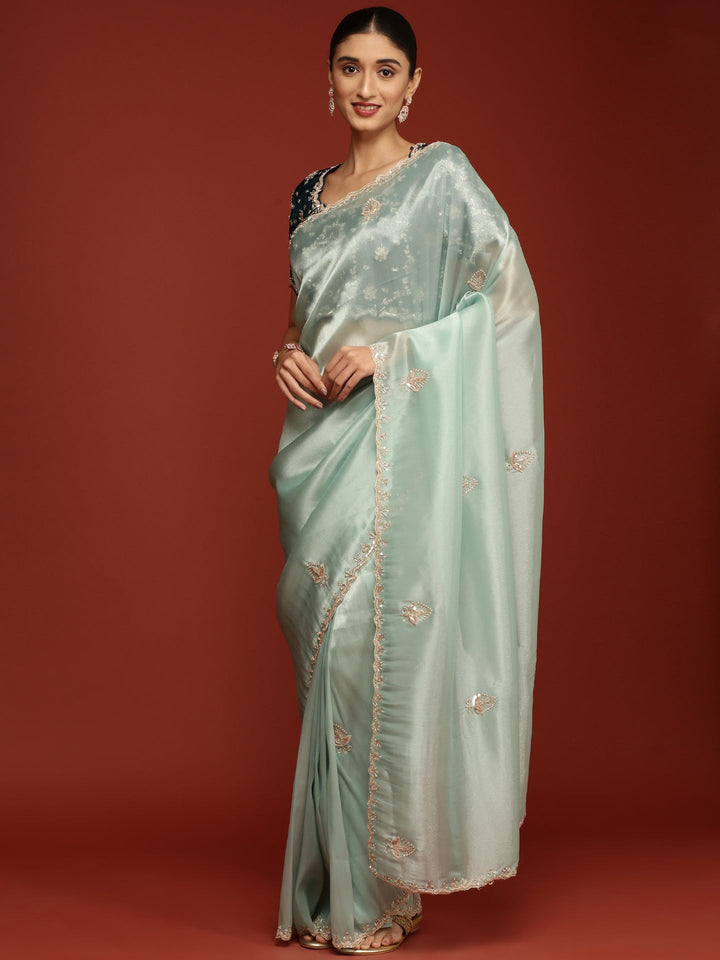 Neerus Blue tissue embellished saree with readymade blouse - detail view 1