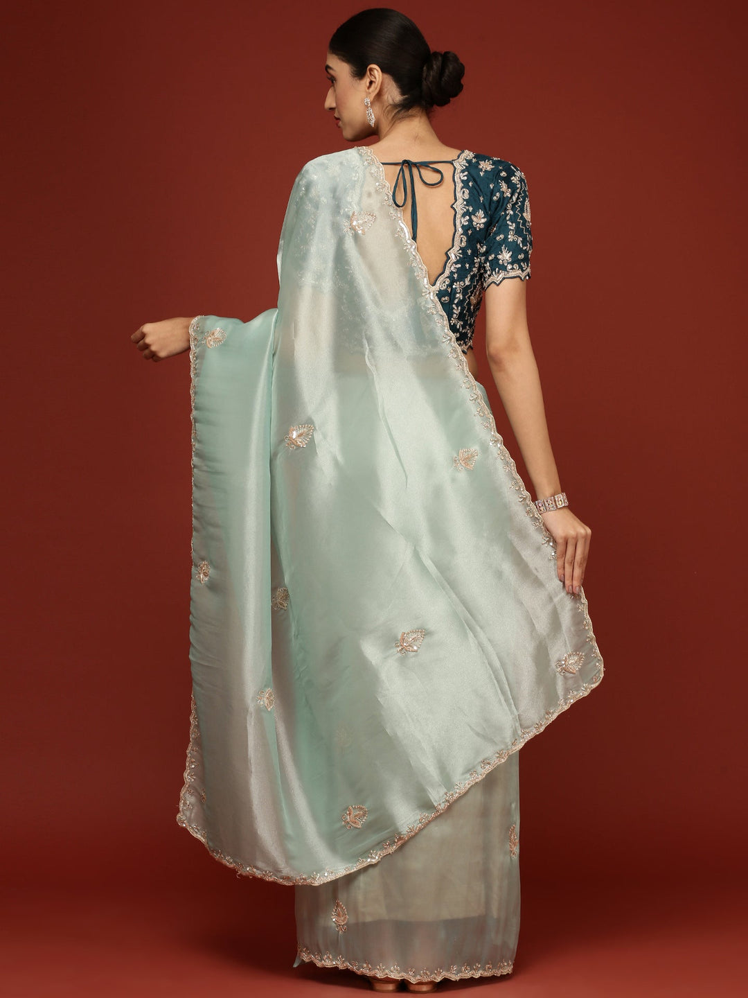Neerus Blue tissue embellished saree with readymade blouse - back view