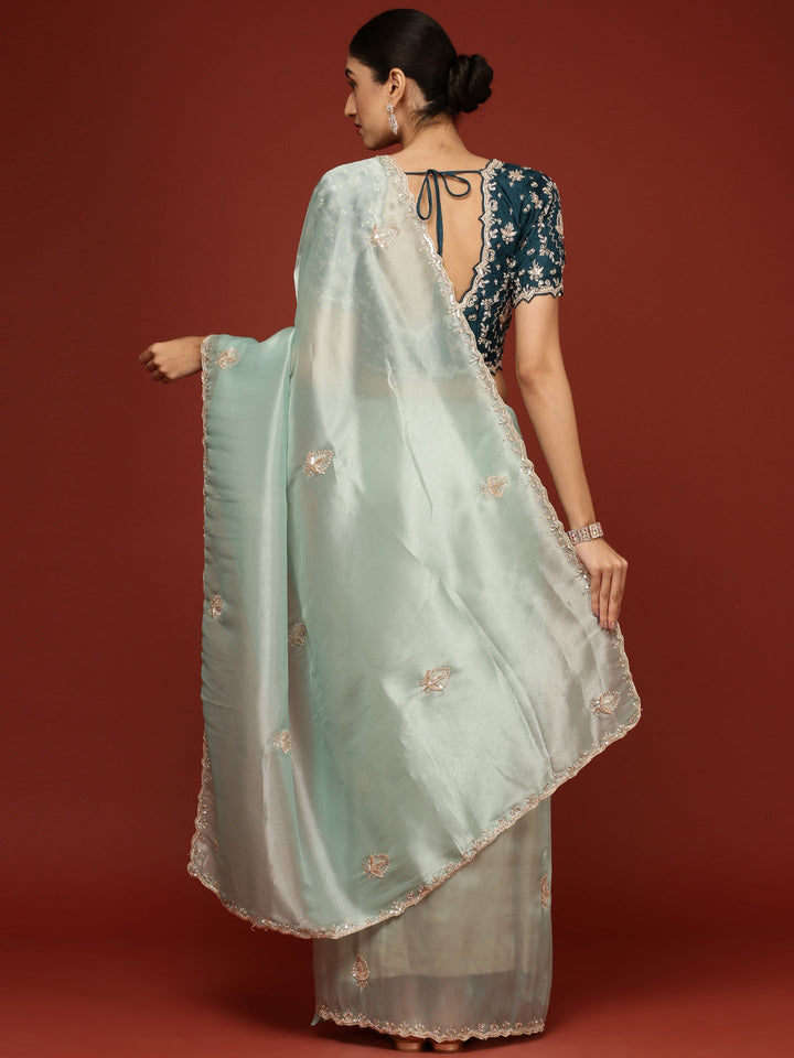 Neerus Blue tissue embellished saree with readymade blouse - back view