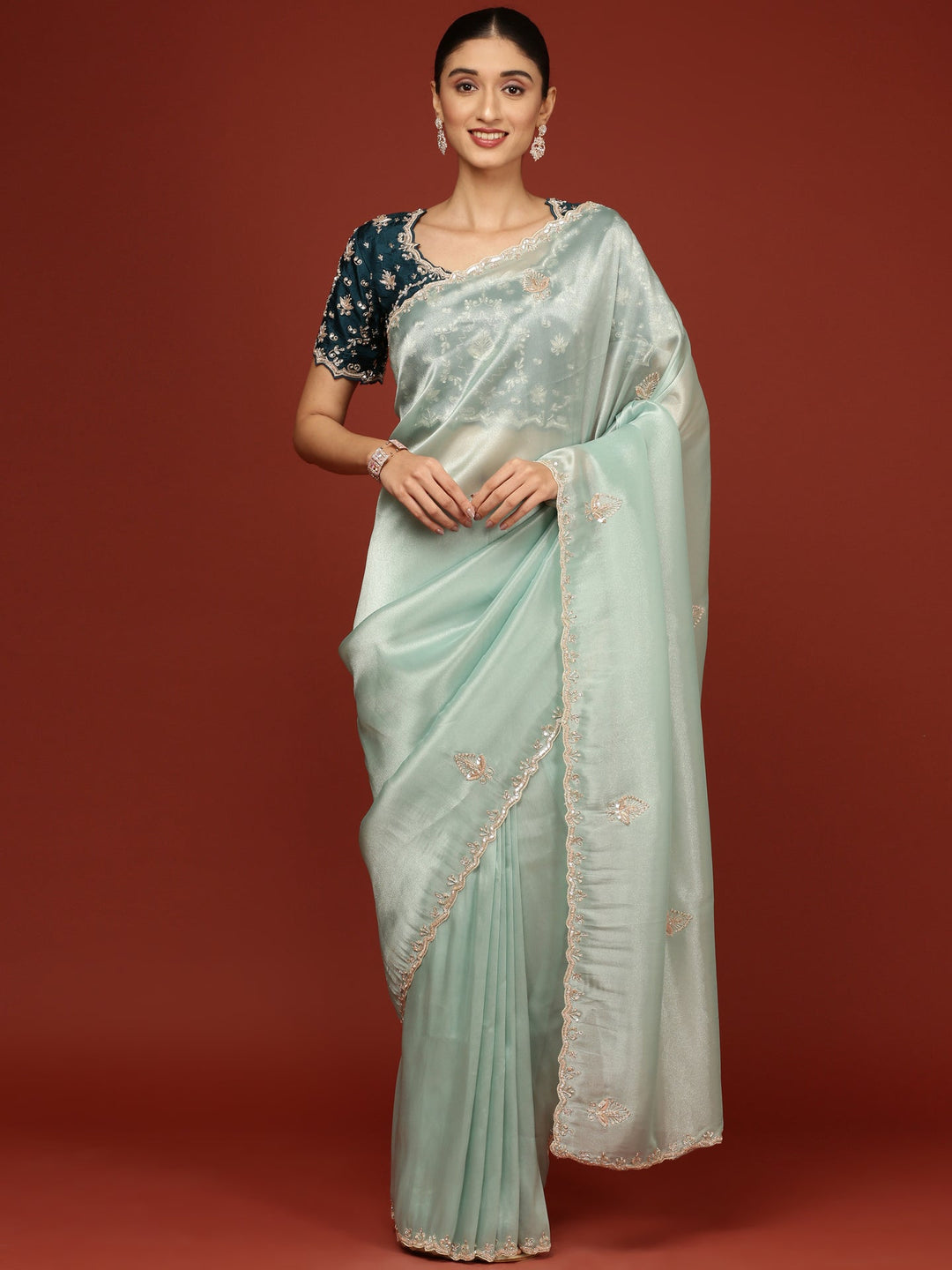 Neerus Blue tissue embellished saree with readymade blouse - front view