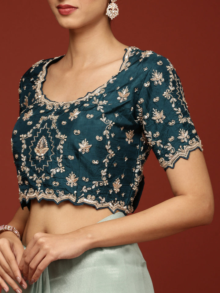 Neerus Blue tissue embellished saree with readymade blouse - detail view 4