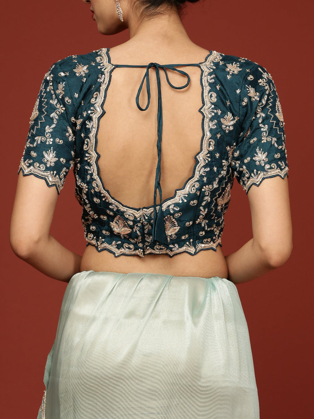 Neerus Blue tissue embellished saree with readymade blouse - detail view 5