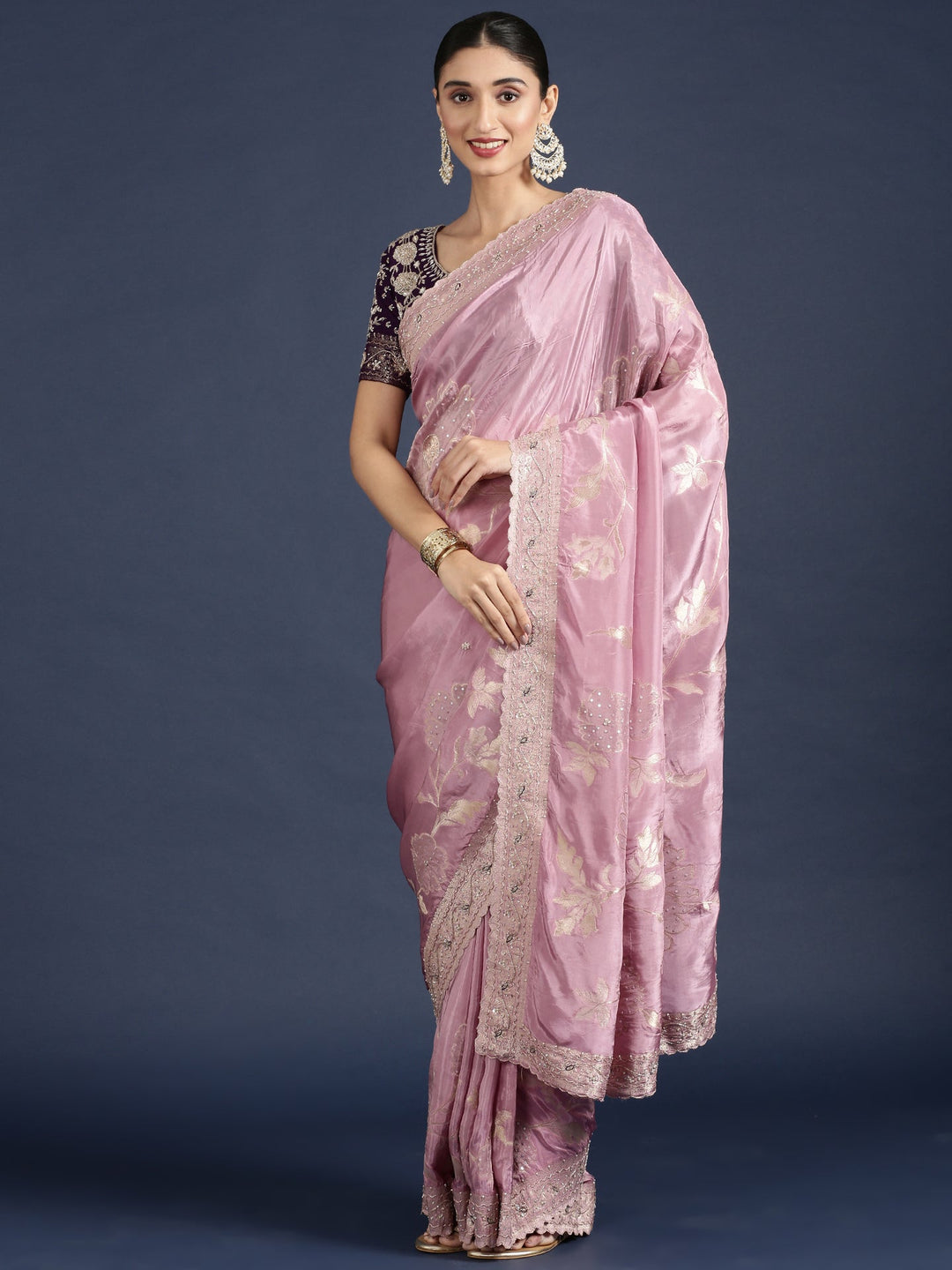 Neerus Purple tissue embellished saree with readymade blouse - front view