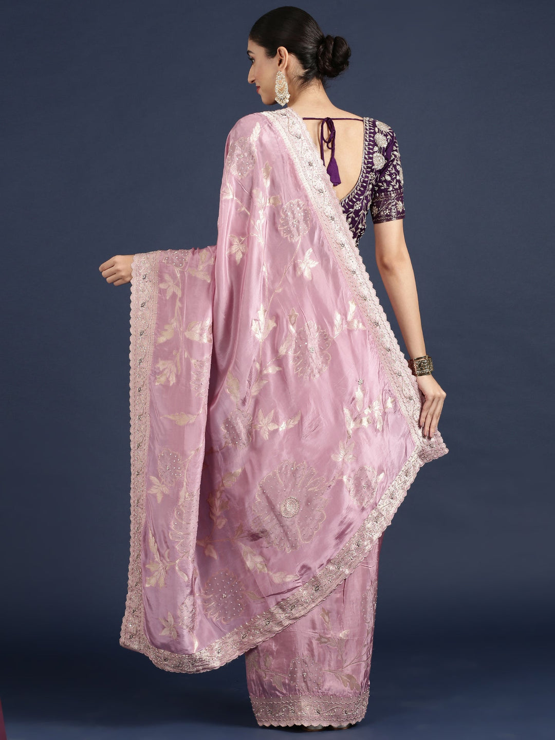 Neerus Purple tissue embellished saree with readymade blouse - back view