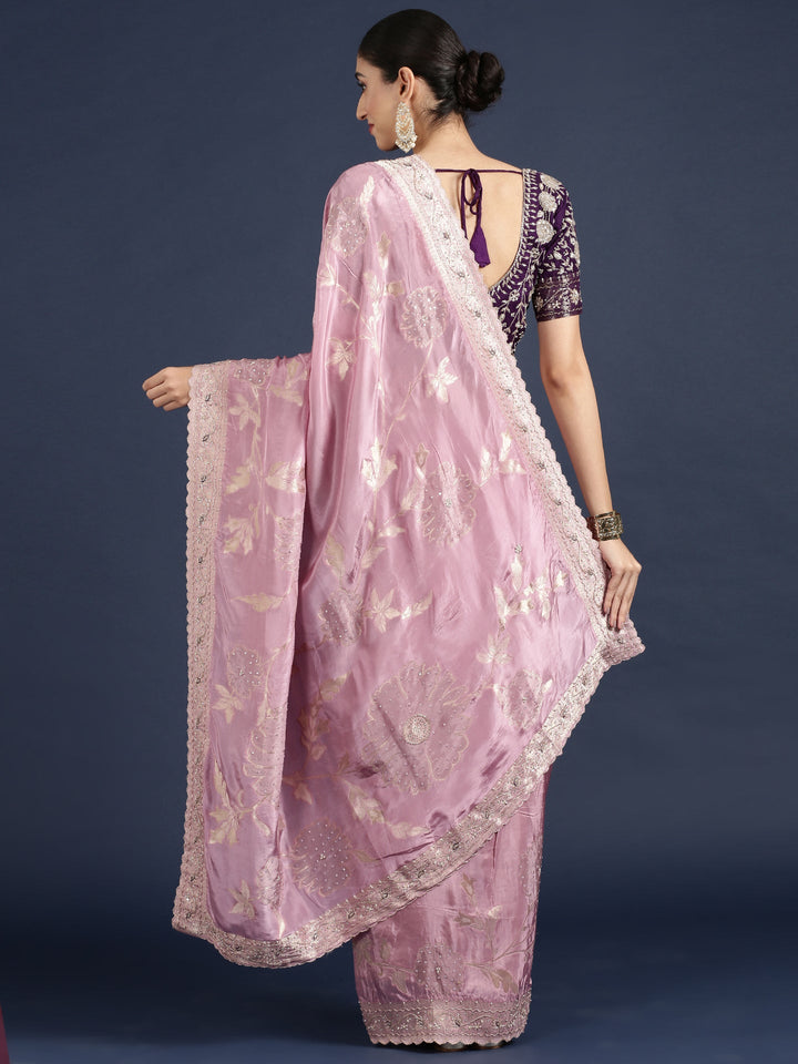 Neerus Purple tissue embellished saree with readymade blouse - back view