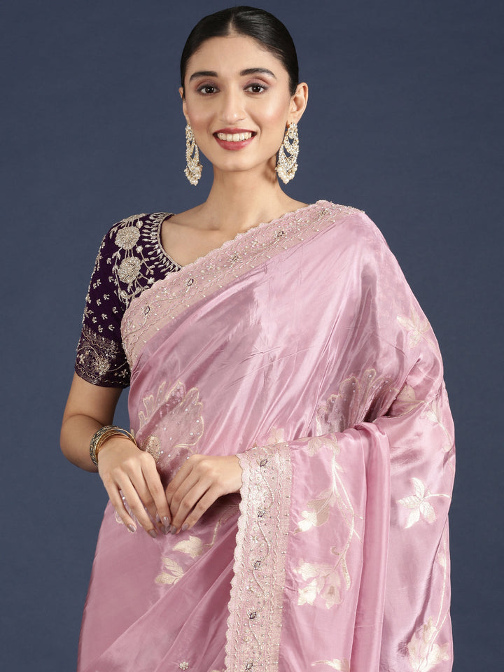 Neerus Purple tissue embellished saree with readymade blouse - side view