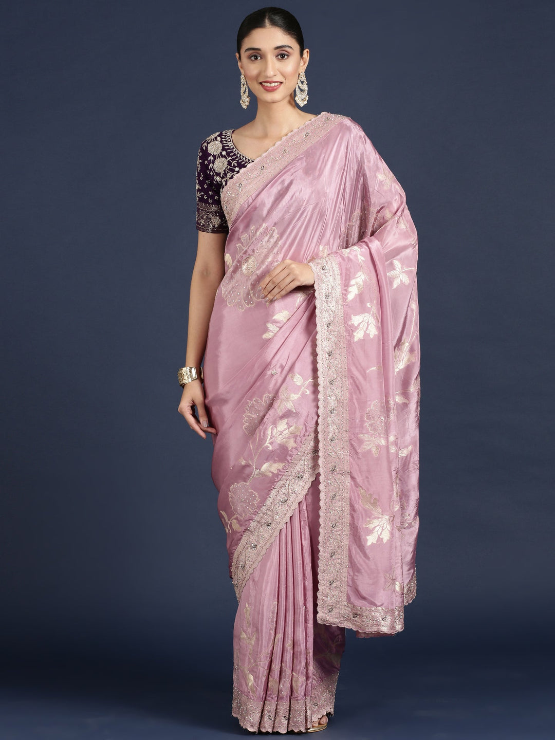 Neerus Purple tissue embellished saree with readymade blouse - detail view 1