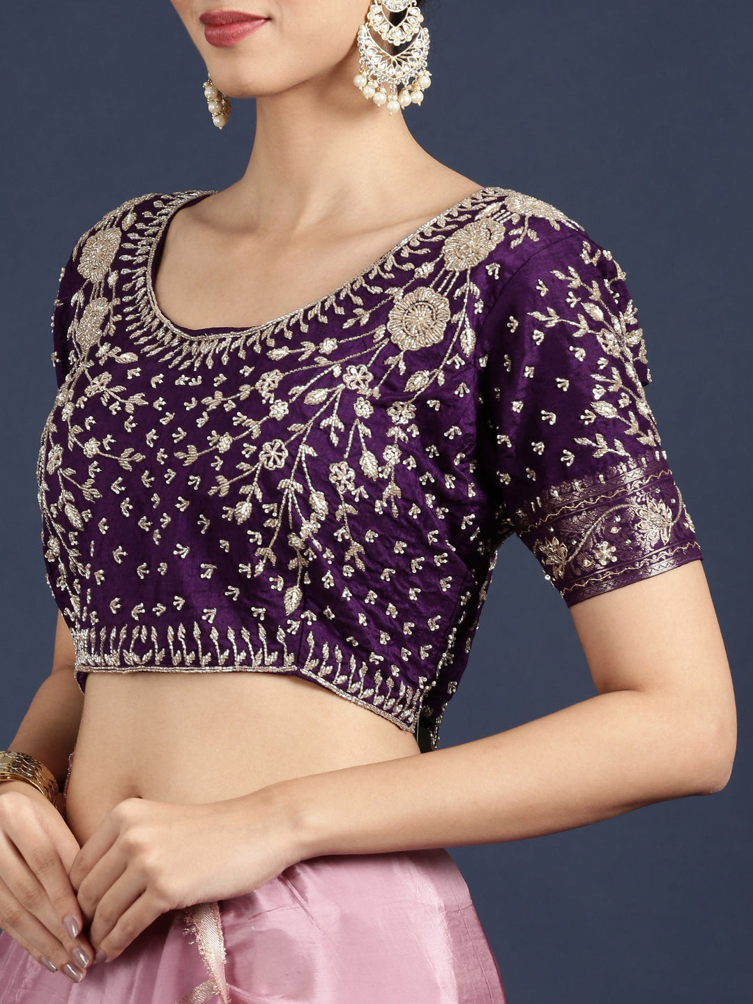 Neerus Purple tissue embellished saree with readymade blouse - detail view 4