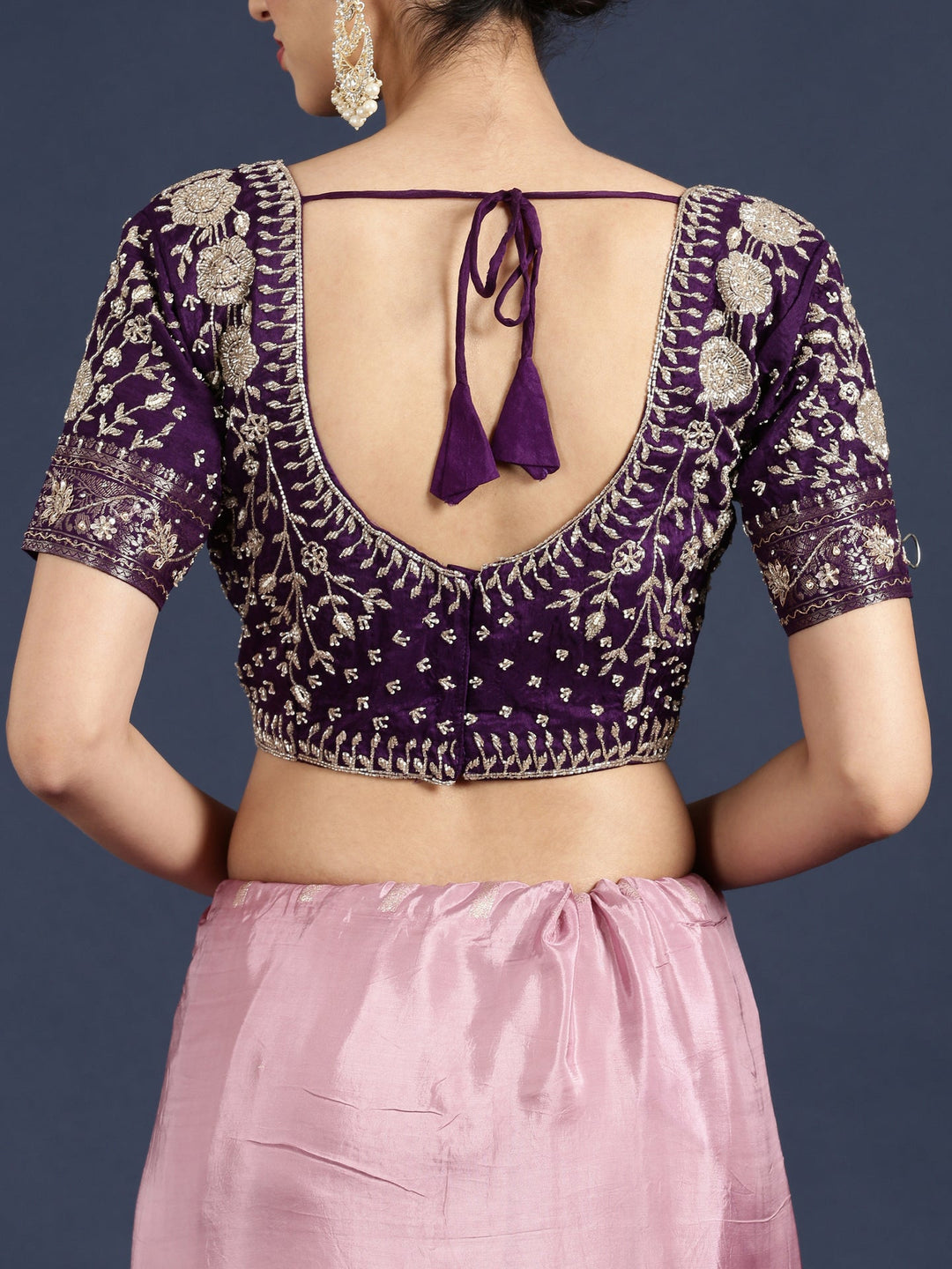 Neerus Purple tissue embellished saree with readymade blouse - detail view 5