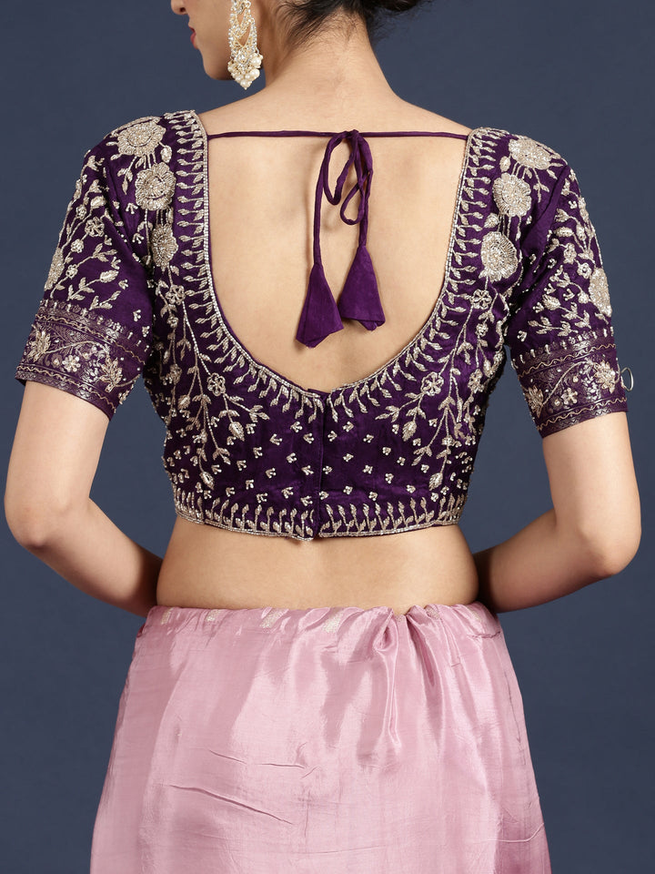 Neerus Purple tissue embellished saree with readymade blouse - detail view 5