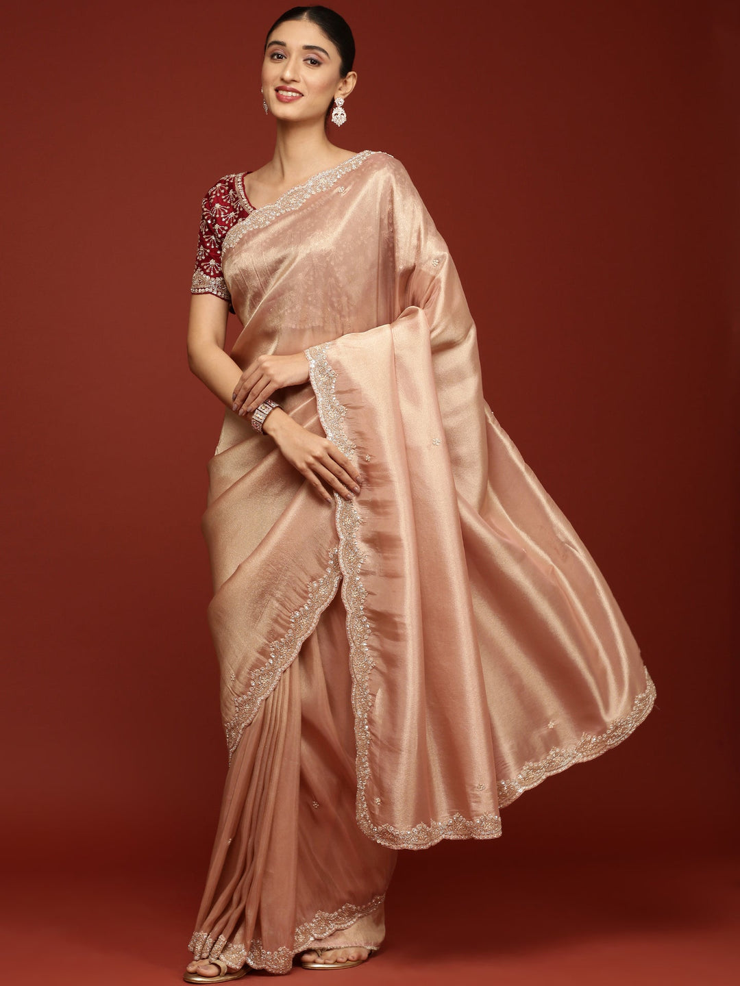 Neerus Pink tissue embellished saree with stone work - front view