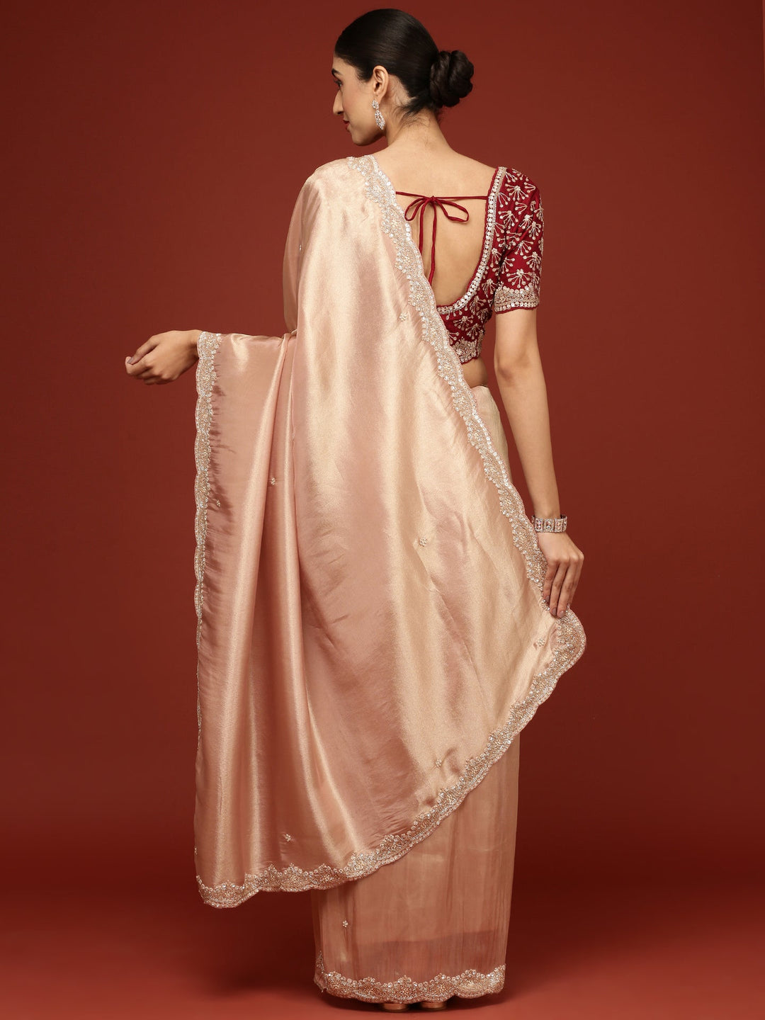 Neerus Pink tissue embellished saree with stone work - back view