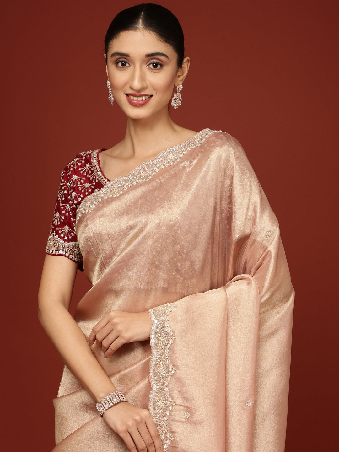 Neerus Pink tissue embellished saree with stone work - side view