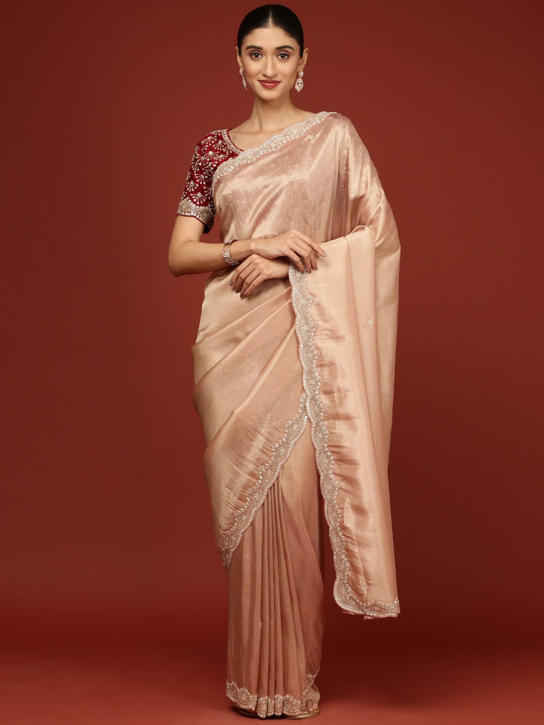 Neerus Pink tissue embellished saree with stone work - detail view 1