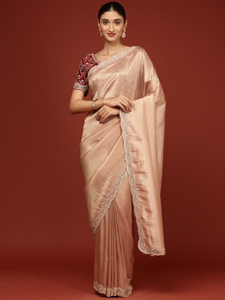 Peach Tissue Saree With Stone Work Readymade Blouse