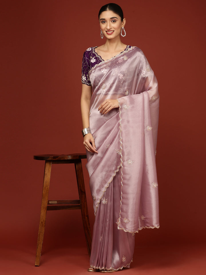 Neerus Purple tissue hand embroidered saree with stone work - front view