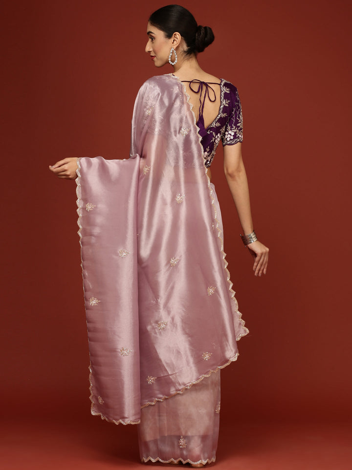 Neerus Purple tissue hand embroidered saree with stone work - back view