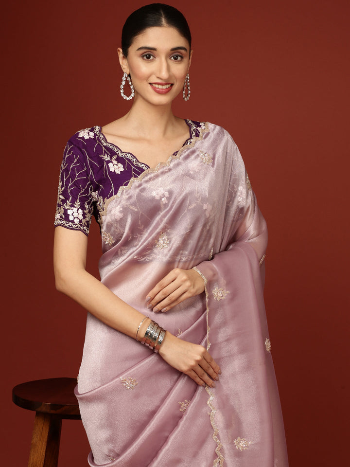 Neerus Purple tissue hand embroidered saree with stone work - side view