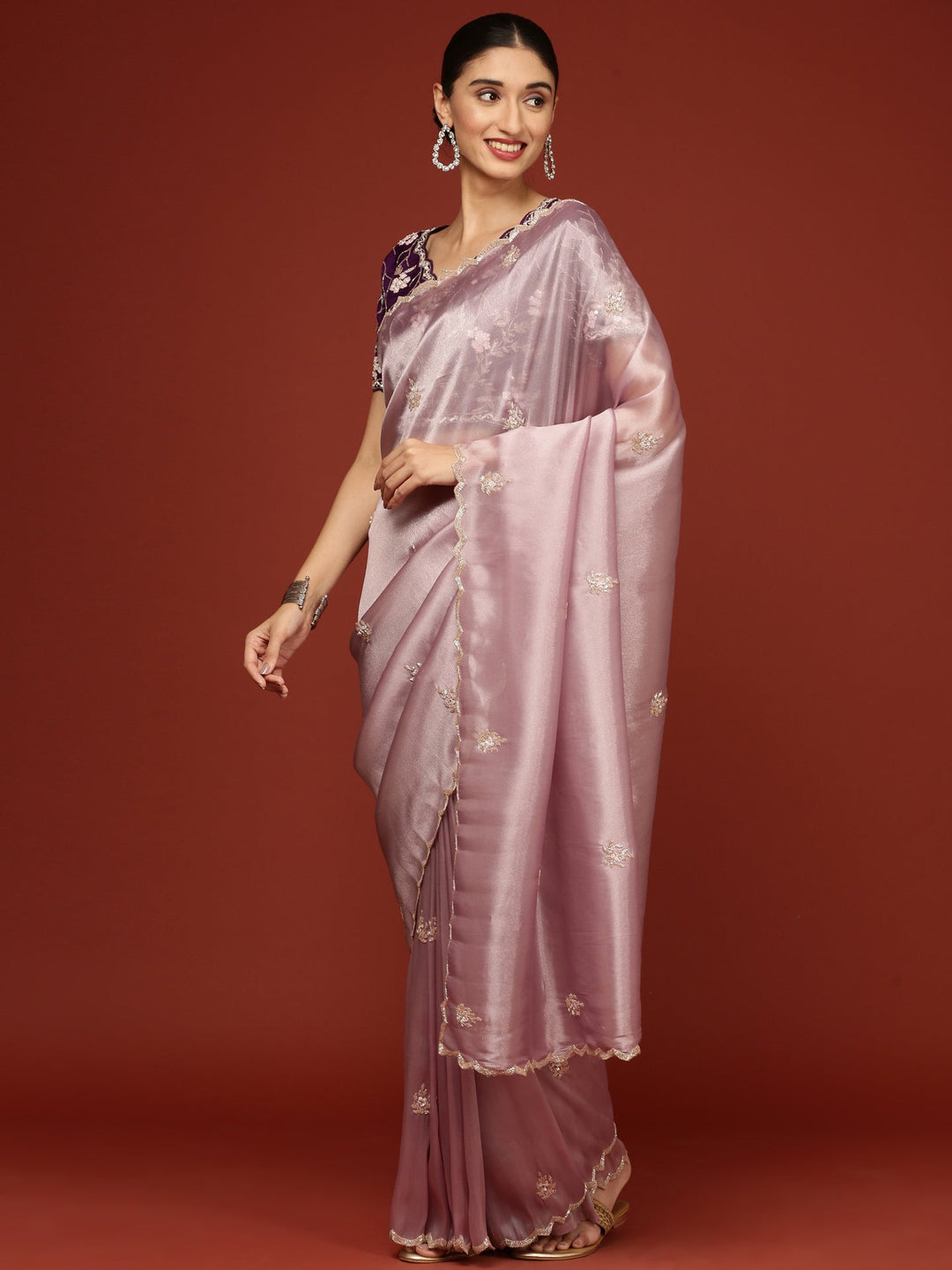 Neerus Purple tissue hand embroidered saree with stone work - detail view 1