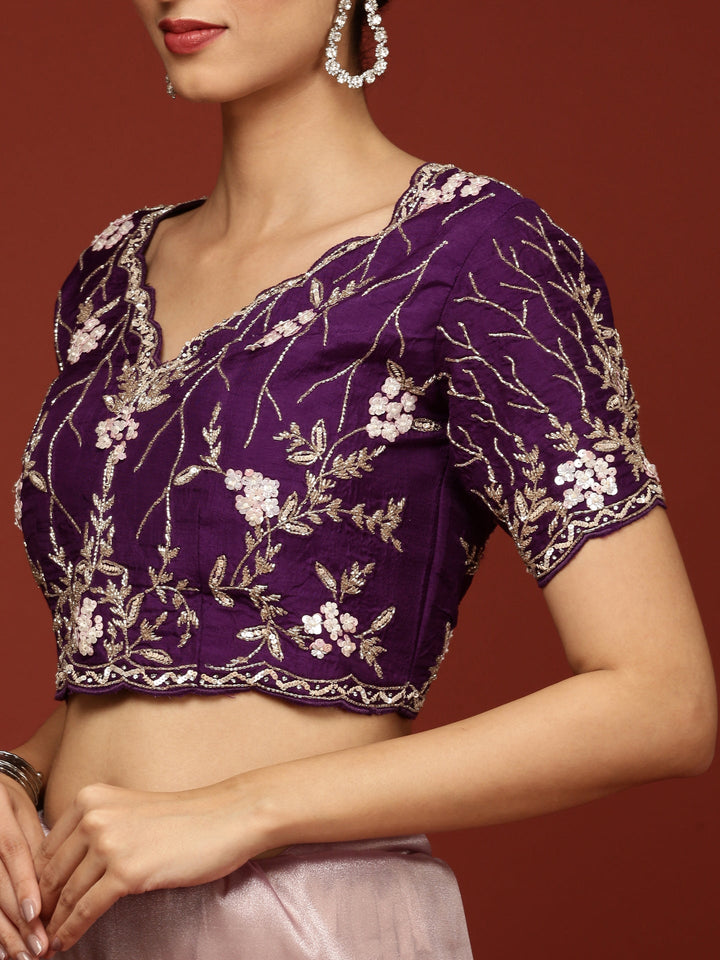 Neerus Purple tissue hand embroidered saree with stone work - detail view 4