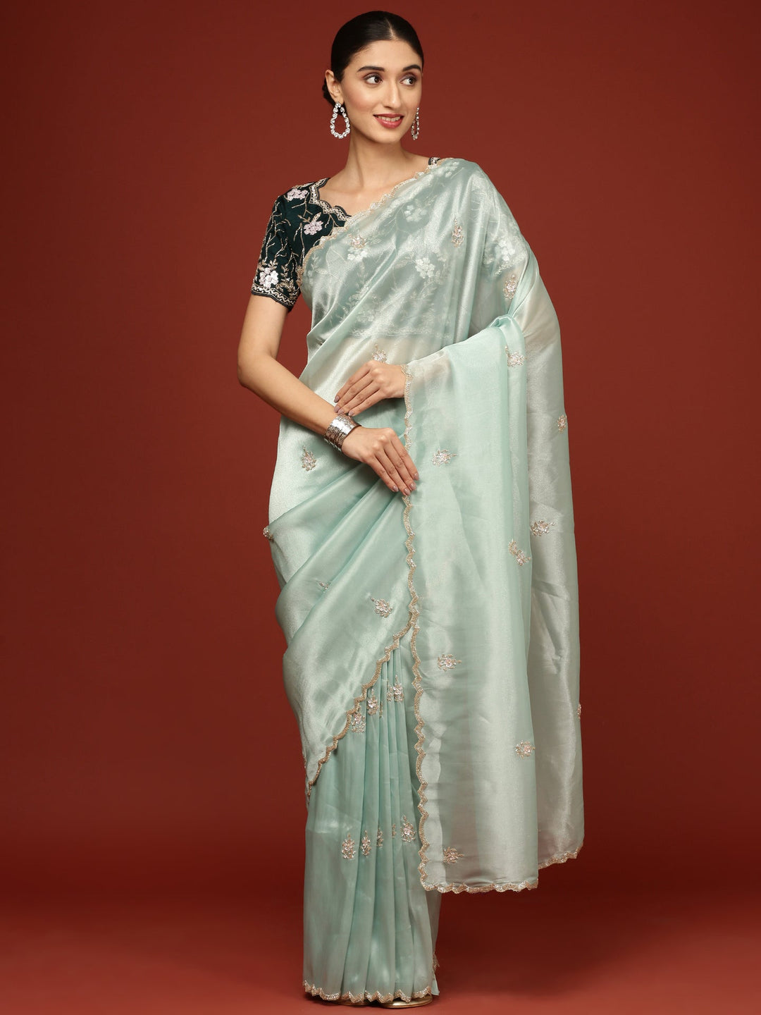 Neerus Green tissue hand embroidered saree with stone work - front view
