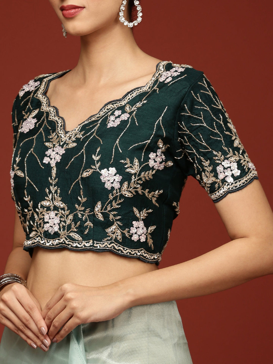 Neerus Green tissue hand embroidered saree with stone work - detail view 4