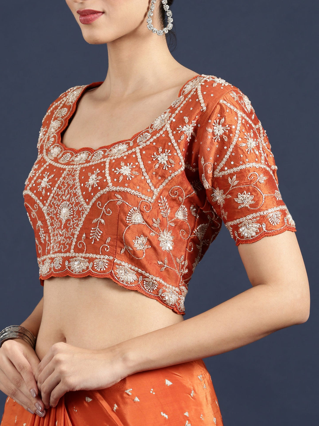 Neerus Orange crepe embellished saree with readymade blouse - detail view 4