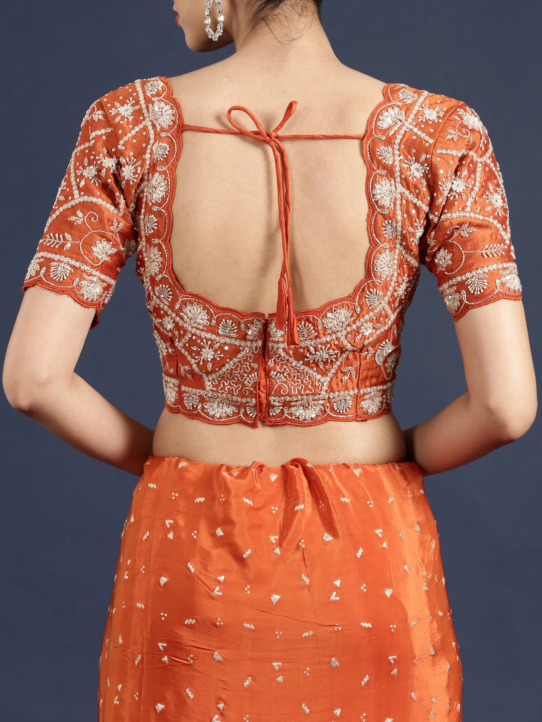 Neerus Orange crepe embellished saree with readymade blouse - detail view 5