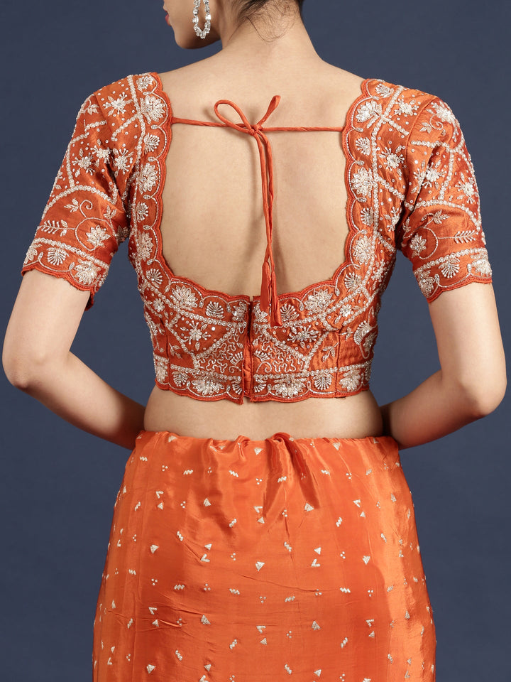 Neerus Orange crepe embellished saree with readymade blouse - detail view 5