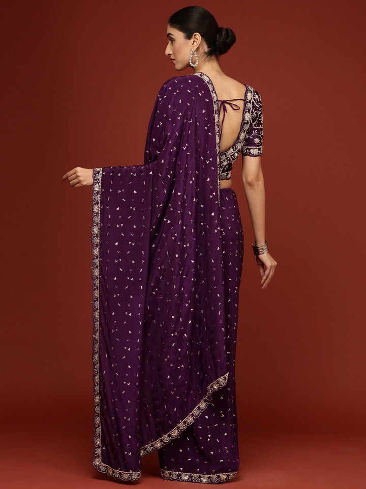 Neerus Purple crepe embellished saree with stone work - back view