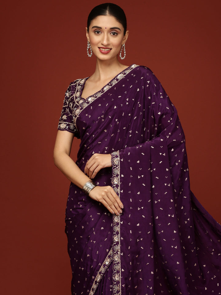 Neerus Purple crepe embellished saree with stone work - side view