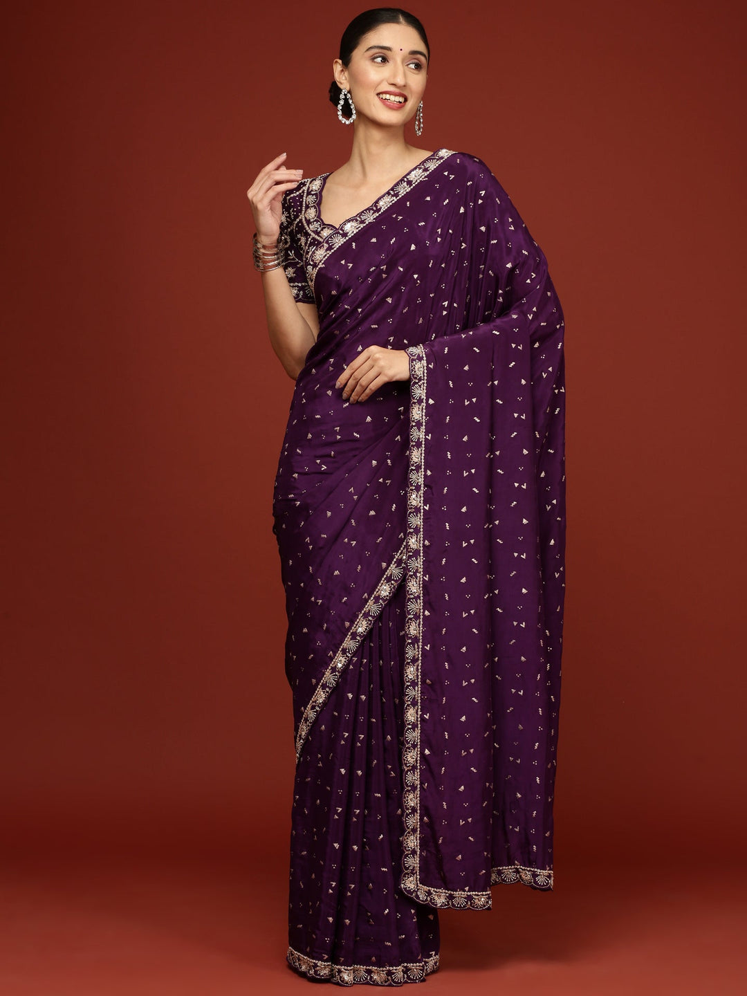 Neerus Purple crepe embellished saree with stone work - detail view 1