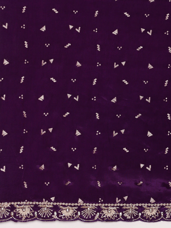 Neerus Purple crepe embellished saree with stone work - detail view 3