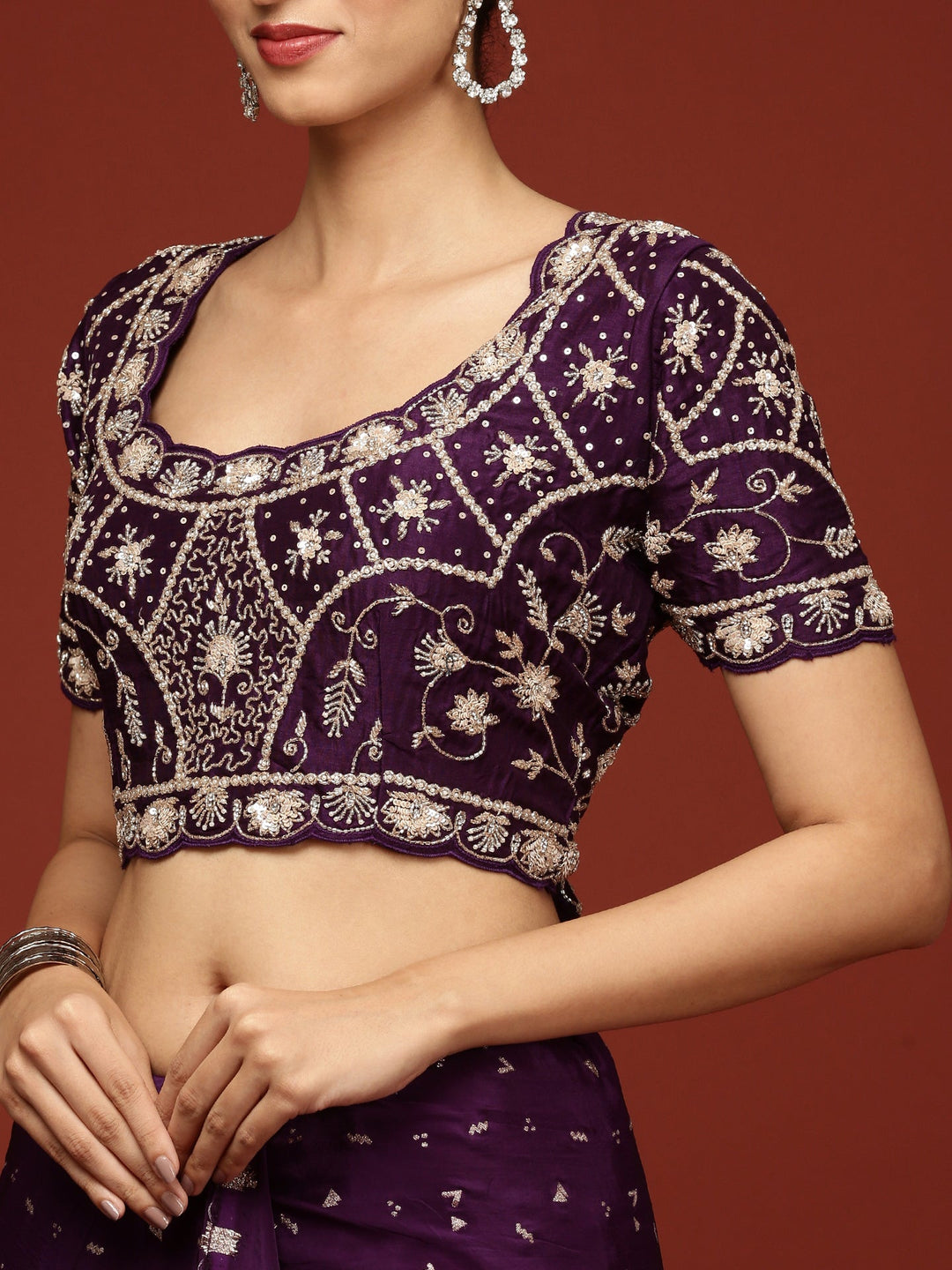 Neerus Purple crepe embellished saree with stone work - detail view 4