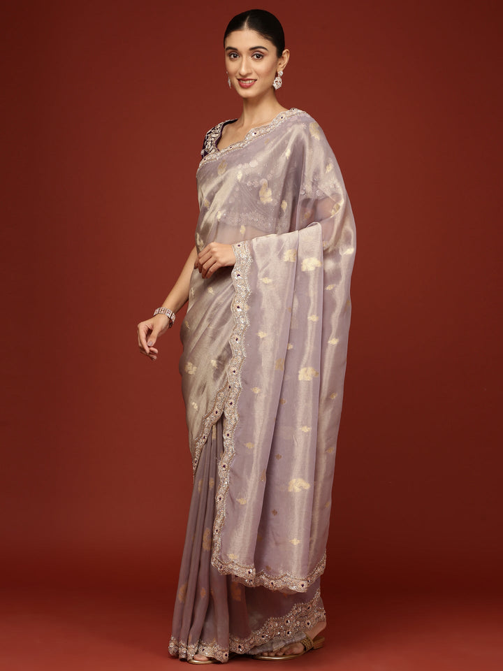 Neerus Purple tissue embellished saree with stone work - detail view 1