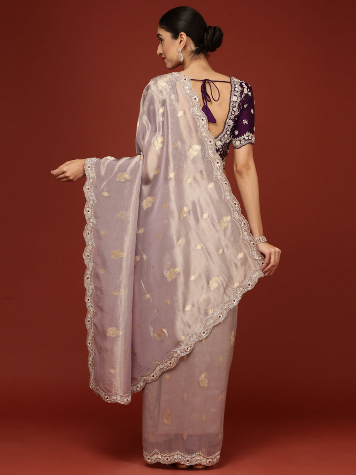 Neerus Purple tissue embellished saree with stone work - back view