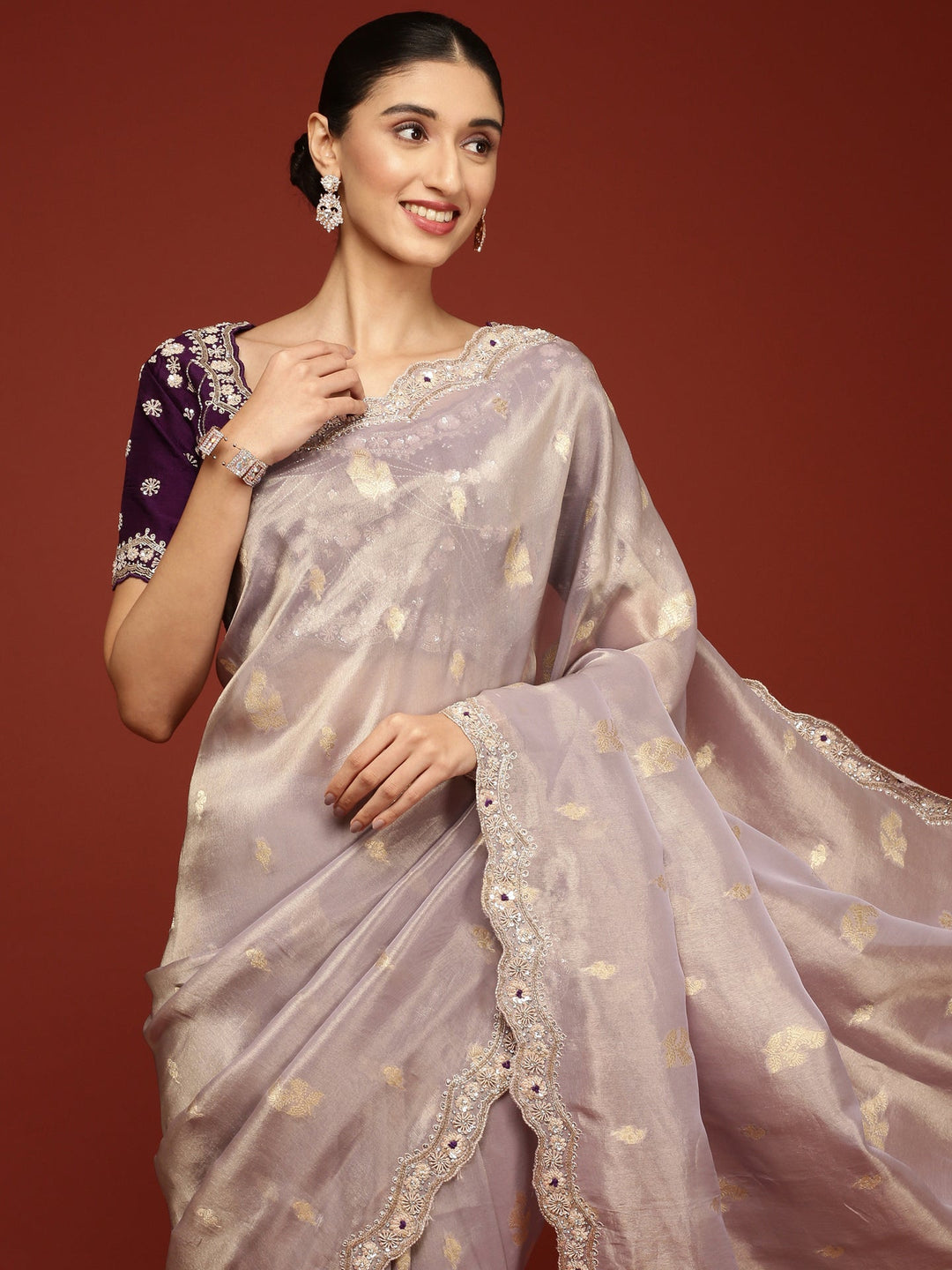 Neerus Purple tissue embellished saree with stone work - side view