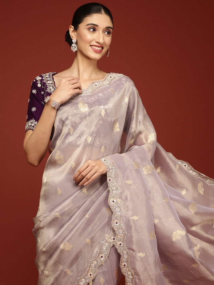 Neerus Purple tissue embellished saree with stone work - side view