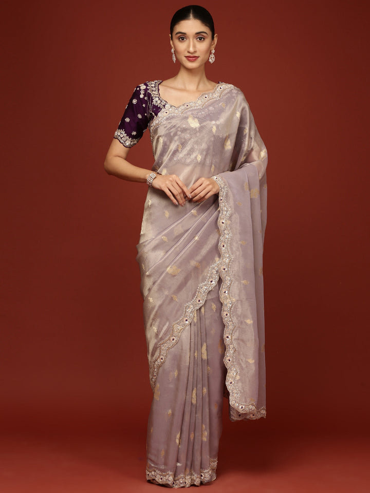 Neerus Purple tissue embellished saree with stone work - front view