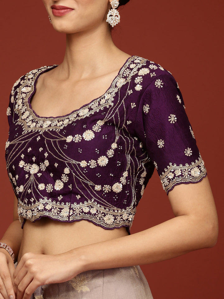 Neerus Purple tissue embellished saree with stone work - detail view 4