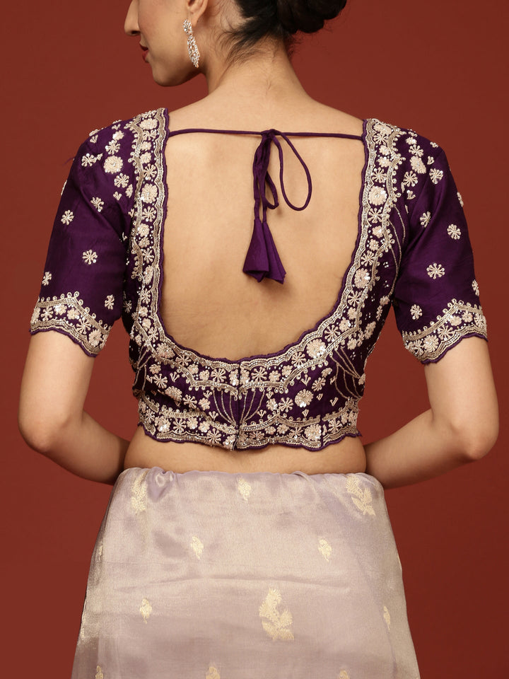 Neerus Purple tissue embellished saree with stone work - detail view 5