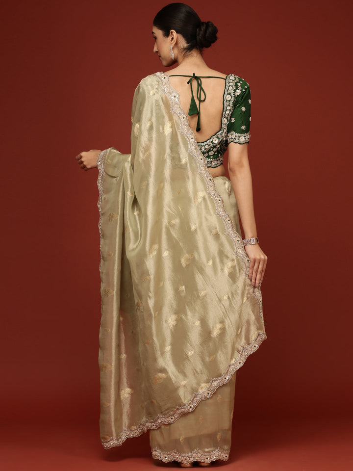 Pista Green Tissue Weaved Saree With Stone Work Readymade Blouse