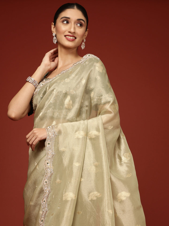Pista Green Tissue Weaved Saree With Stone Work Readymade Blouse