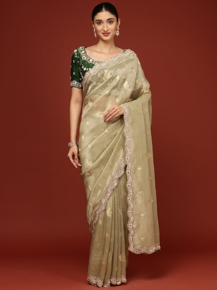 Neerus Green tissue embellished saree with readymade blouse - detail view 1
