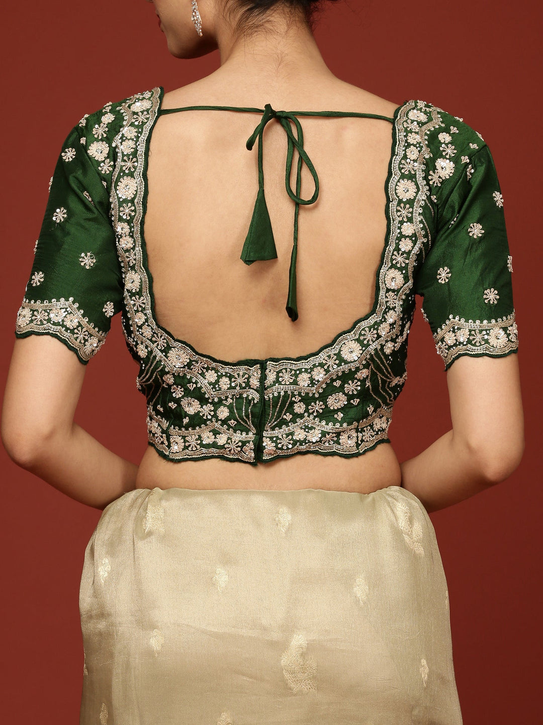 Neerus Green tissue embellished saree with readymade blouse - detail view 5