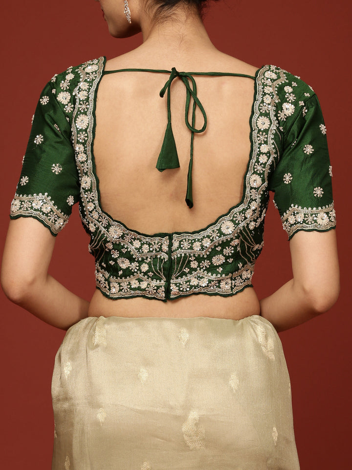 Neerus Green tissue embellished saree with readymade blouse - detail view 5