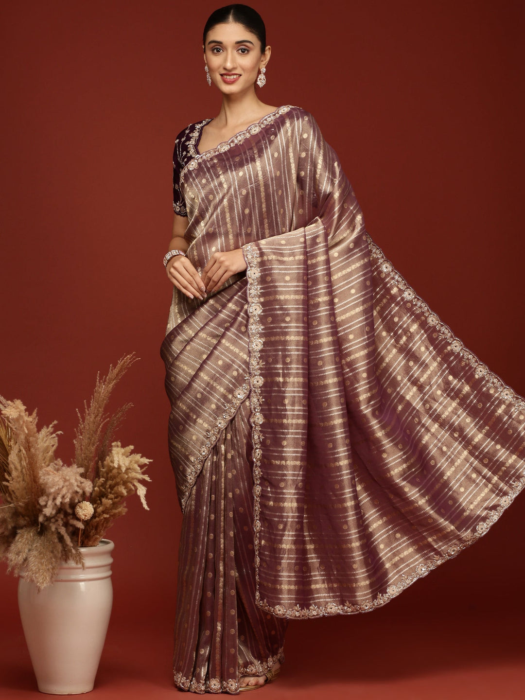 Neerus Purple tissue embellished saree with readymade blouse - front view