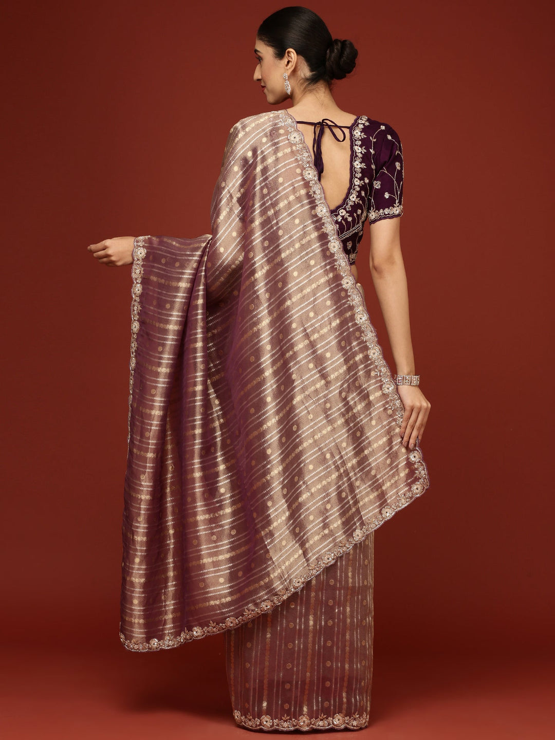 Neerus Purple tissue embellished saree with readymade blouse - back view