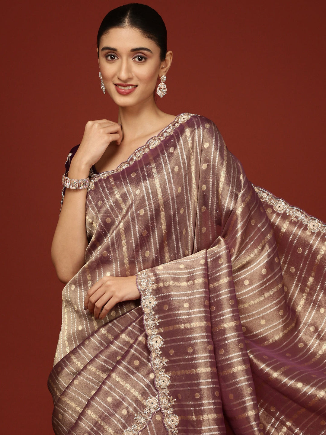 Neerus Purple tissue embellished saree with readymade blouse - side view
