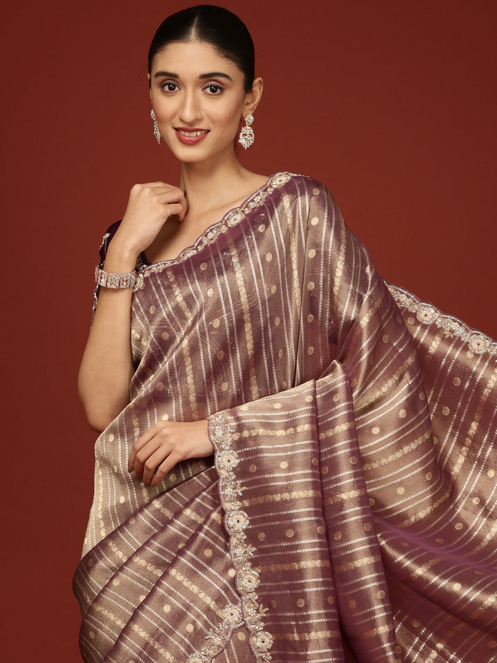 Neerus Purple tissue embellished saree with readymade blouse - side view